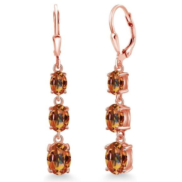 18K Rose Gold with 6.00Cttw 3 Stone Ecstasy Mystic Topaz Leverback Drop Earrings